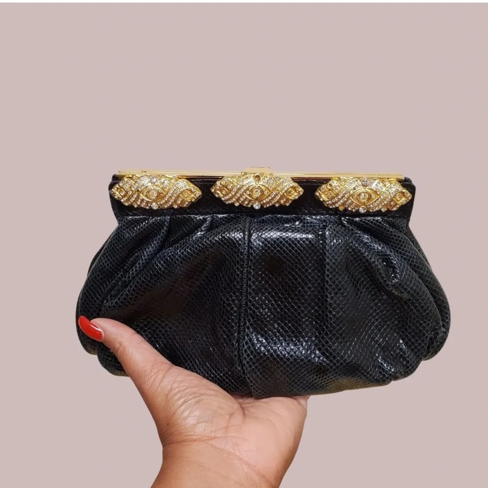CAROL FIORI Italy Vintage Black Snake Leather Rhinestone Cocktail Evening Purse